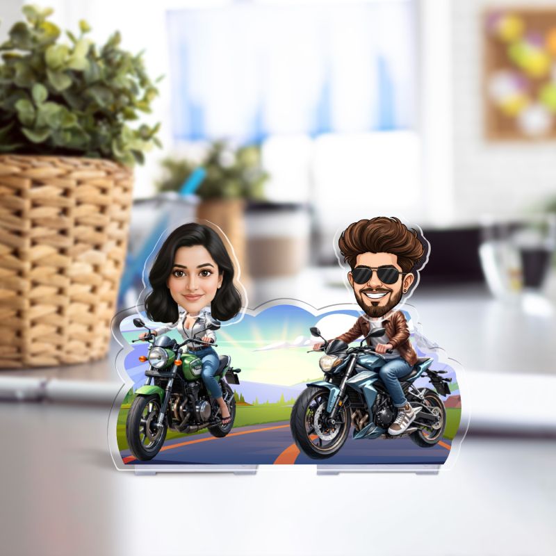 Personalized Biker Couple Caricature Standee with Battery Powered Moving Head Custom Cartoon Photo Cutout for Motorcycle Lovers Tabletop Decor